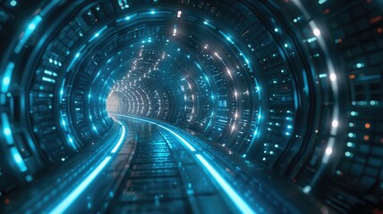 Abstract picture of blue light particle with digital technology style design connecting become dynamic of electric wave movement represent about flowing of data or structure of network system. AIG53.