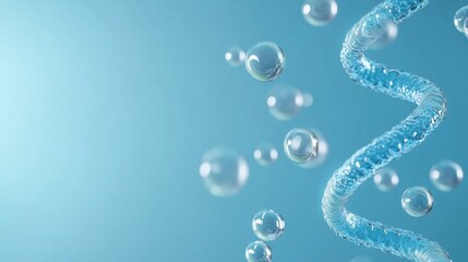 A spiral DNA strand crafted from glowing bubbles, suspended within a soft, smooth blue gradient, evoking a medical science concept.