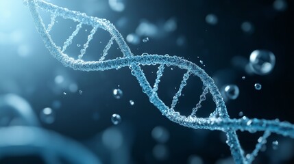 An elegant DNA helix highlighted by floating bubbles, glowing gently with soft blue light, creating a futuristic medical-inspired ambiance.