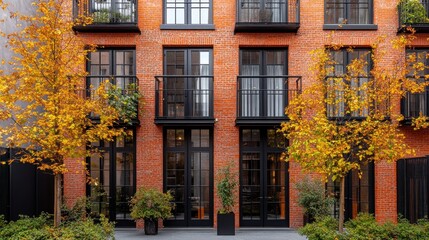 Naklejka premium Autumnal Brick Building Facade with Black Windows and Balconies