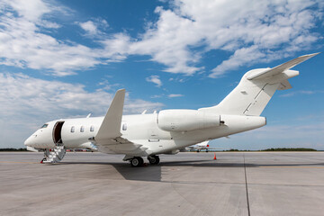 Modern white executive airplane with an opened gangway door at the airport