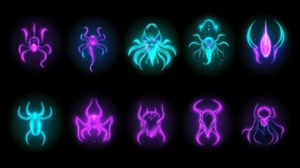 Neon Glowing Creatures Mystical Insect Icons Set