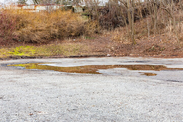 Empty Parking Lot with Puddles and Autumn Landscape Beyond