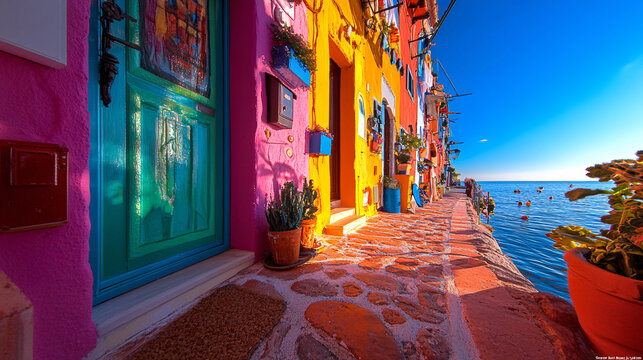 Farbenfrohe mediterrane K&uuml;stenstra&szlig;e mit bunten H&auml;usern, bl&uuml;henden Pflanzen und direktem Blick auf das blaue Meer  

