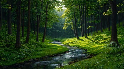 Fototapeta premium Serene Forest Landscape with Stream and Lush Green Foliage