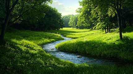 Serene Stream Flowing Through Lush Green Meadow Under Bright Sky