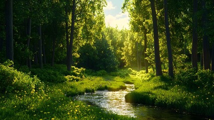 Fototapeta premium Serene Forest Landscape with Stream and Lush Greenery in Sunlight