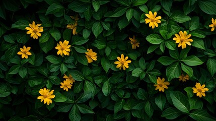 Obraz premium Vibrant Yellow Flowers Amidst Lush Green Leaves Background