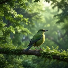 Bird perched on a slender branch with lush green foliage surrounding it, bird on branch, bird in flight