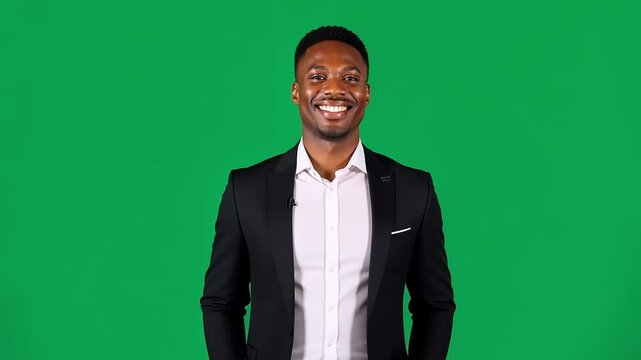 Professional African American businessman wearing tailored suit, standing confidently with warm smile, looking directly at camera against green screen background