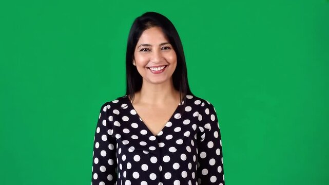 Indian businesswoman wearing polka dot shirt standing confidently, smiling with positive expression against green screen backdrop in professional studio setting