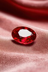 A sparkling red gemstone resting on luxurious fabric.