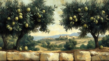 Olive Trees Landscape Painting Featuring Distant Village