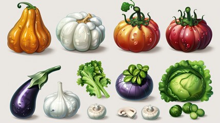 A collection of colorful, water-dropped vegetables including pumpkins, tomatoes, eggplant, and mushrooms.