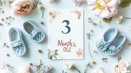 A baby milestone card with "3 Months Old" surrounded by tiny flowers and baby shoes