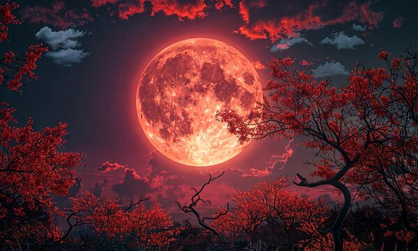 A surreal landscape featuring a large red moon amidst dark trees and vibrant clouds.