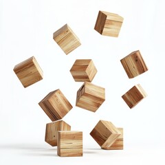 Floating wooden cubes against white background.