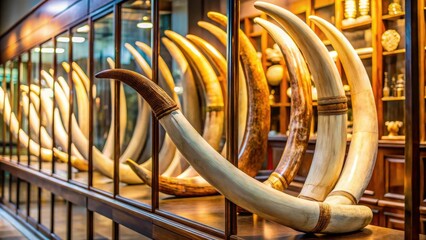 Background of elephant tusks in a museum display case, display case, ancient, museum, educational