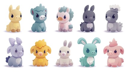 Fototapeta premium A collection of cute, stylized animal plush toys in various colors and designs.