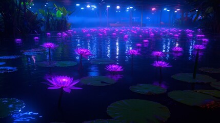 Night Bloom Purple Water Lilies Underneath Neon Lights