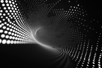 Digital Tunnel in 3D Rendering: Curved Lines and Futuristic Theme on a Black Background with White Dots, Resembling Ocean or Space Surface, Ideal for Creative and Dynamic Compositions