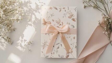 A baby milestone card with soft floral patterns, placed next to a ribbon-tied gift