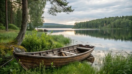 Obraz premium An old wooden boat resting on a tranquil lake surrounded by lush greenery and towering trees, rustic charm, water scenery, tree line, old wooden boat, greenery