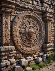 Fototapeta premium Ancient stone wall with intricate carvings echoing mysterious sounds, forgotten, echoes, soundscapes