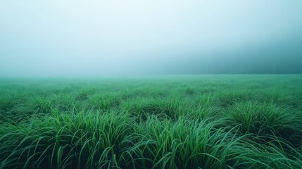 Foggy meadow, misty landscape, serene nature scene, ideal for calming backgrounds