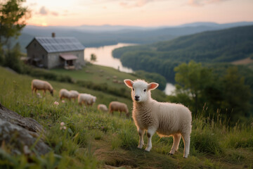 Obraz premium Adorable Lamb Overlooking a Tranquil Valley at Sunset