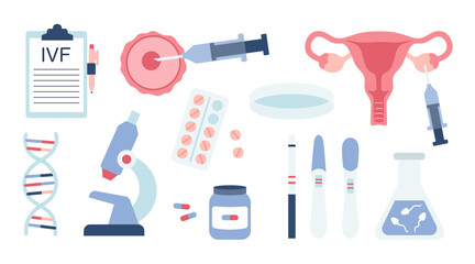 In vitro fertilization IVF set elements in cartoon flat style. Medical tests, egg, uterus. DNA and sperm analysis. Pregnancy and ovulation test. Vector illustration