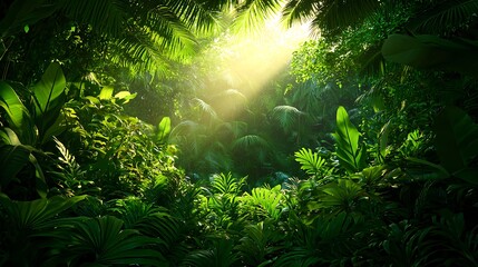 Lush Tropical Jungle with Sunlight Filtering through Green Foliage