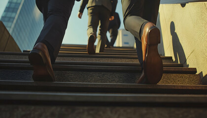 Business people climbing city stairs. Close-up of legs ascending, symbolizing career growth, skill improvement, and salary increase