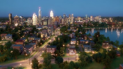 Obraz premium Night Cityscape Urban Skyline and Residential Area