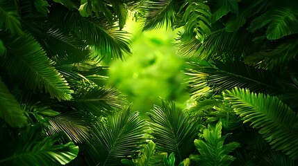 Lush Green Leaves Framing a Dreamy Nature Background in Forest