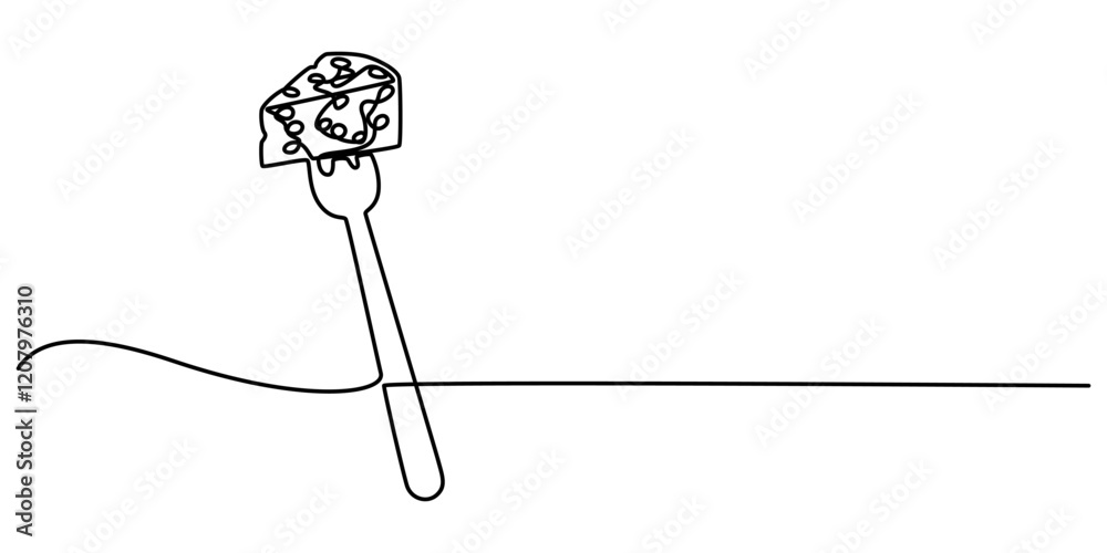 Poster fork cheese fondue icon, cheese fork continuous one line drawing, cheese continuous line art illustr
