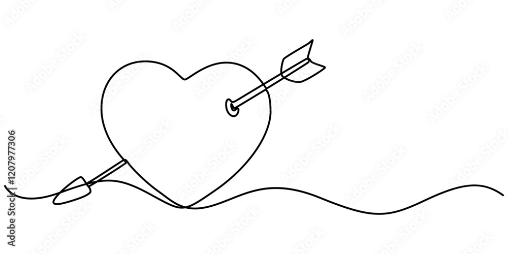 Fototapete Valentine's Day Icon, Love at First Sight Vector Editable Line Illustration, Cupid s arrow in the continuous drawing of lines in the form of a heart with pastel neon color design. Continuous black. 