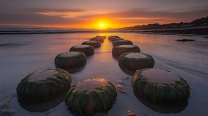Sunset Seascape with Moss Covered Stepping Stones