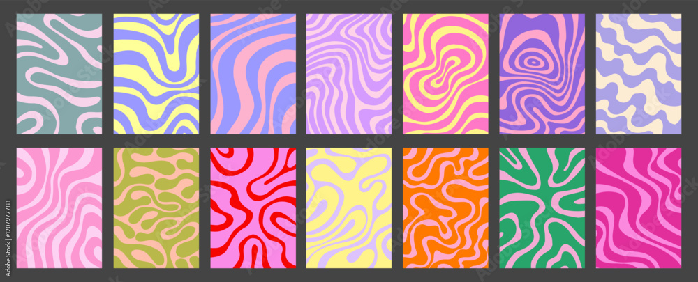 Poster Set of Abstract Psychedelic Groovy Patterns Vector Design. Y2k Geometric Textures Funky Retro Style.