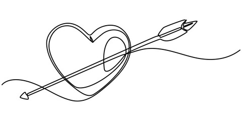 Valentine's Day Icon, Love at First Sight Vector Editable Line Illustration, Cupid s arrow in the continuous drawing of lines in the form of a heart with pastel neon color design. Continuous black. 