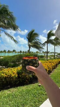 vertical video of tourism male hand holding the ananas cocktail with palm trees view in Cancun Mexico, dream tropical holidays 