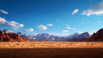 Naklejka premium Vast Desert Landscape Under Clear Blue Sky with Majestic Mountains