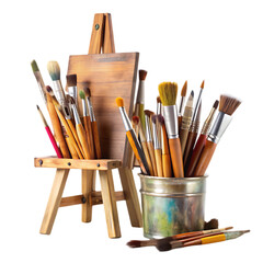 Fototapeta premium Wooden Easel Artist Paint Brushes Art Supplies Studio oil set tool fine craft hobby brown 