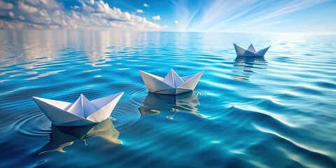 Three white paper boats sail serenely across a calm, azure ocean under a vibrant, sunny sky.