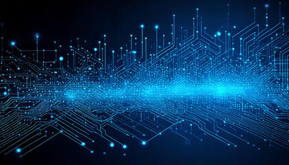 Obraz premium Abstract AI circuit board background. Technology connected blue lines with electronics elements on tech bg. Computer motherboard with a chip, processor, and semiconductor. Digital vector illustration