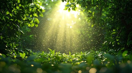Fototapeta premium Sunlight Filtering Through Leaves in a Lush Green Forest Setting