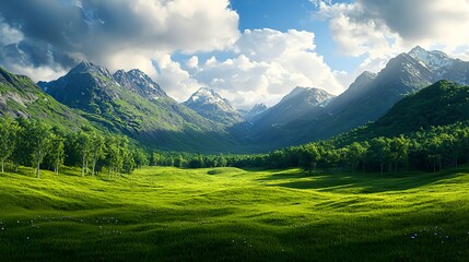 Fototapeta premium Serene Mountain Landscape with Lush Green Valley and Blue Sky