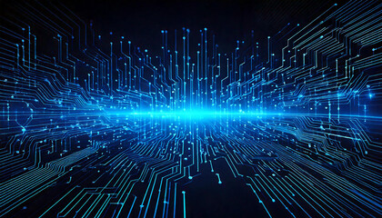 Obraz premium Abstract AI circuit board background. Technology connected blue lines with electronics elements on tech bg. Computer motherboard with a chip, processor, and semiconductor. Digital vector illustration