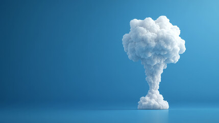 dramatic cloud formation resembling explosion rises against blue background, creating striking visual impact. fluffy white clouds contrast beautifully with serene blue, evoking sense of awe and