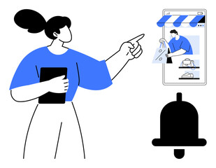 Woman holding tablet points to phone screen with online shopping items, notification bell nearby. Ideal for e-commerce, online shopping, notifications, technology, apps, retail, customer experience